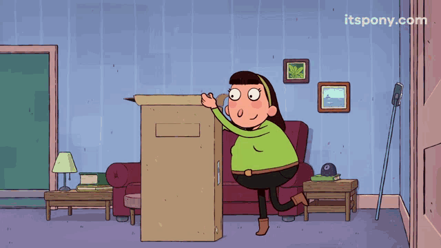 a cartoon of a woman standing in front of a cardboard box with a horse head sticking out of it