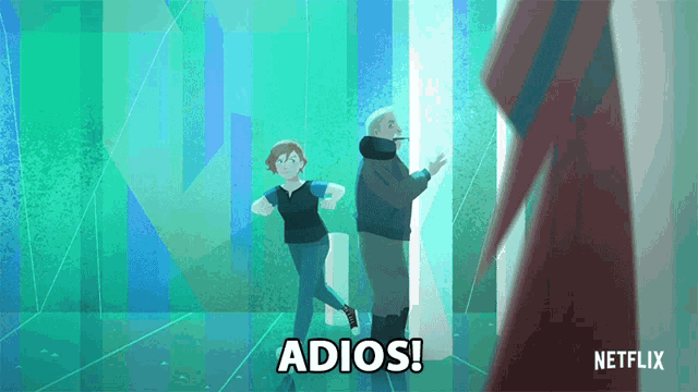 a man and a woman are standing next to each other with the words adios written on the bottom