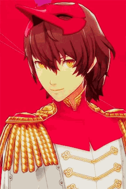 a close up of a person wearing a red and gold outfit and a red mask .
