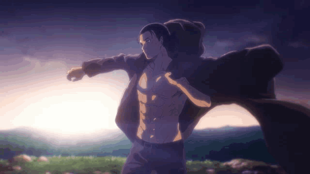a man without a shirt is standing in front of a sunset
