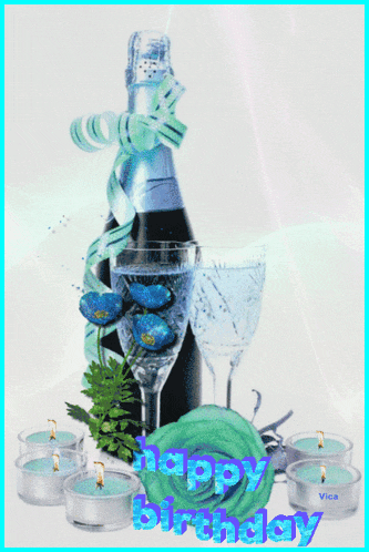 a happy birthday card with a bottle of champagne