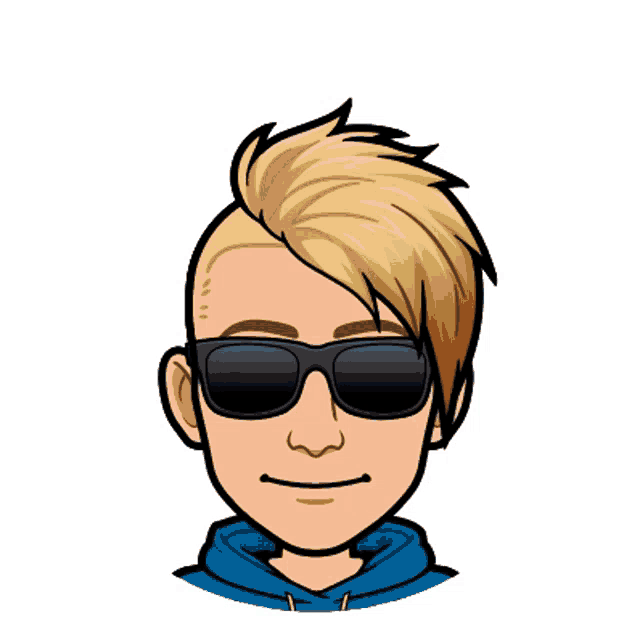 a cartoon of a man wearing sunglasses and a blue sweatshirt