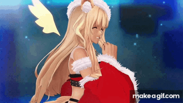 a blonde anime girl is wearing a santa hat and carrying a bag