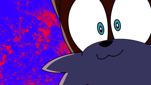 a close up of a cartoon character 's face with blue eyes on a blue background