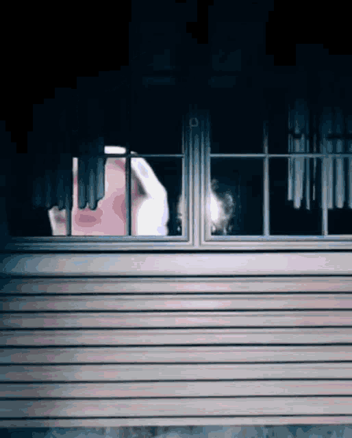 a person looking out of a window with a reflection of a person 's face