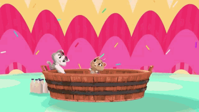 two cartoon animals are in a wooden tub