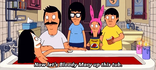 a group of cartoon characters are standing around a bathtub filled with blood .