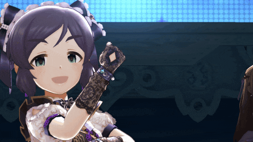 a girl with purple hair is wearing a glove with a diamond design on it