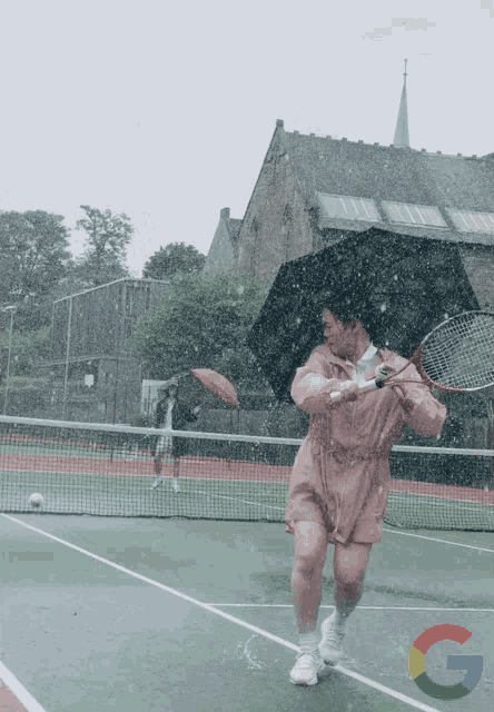 a woman is holding a tennis racquet in the rain