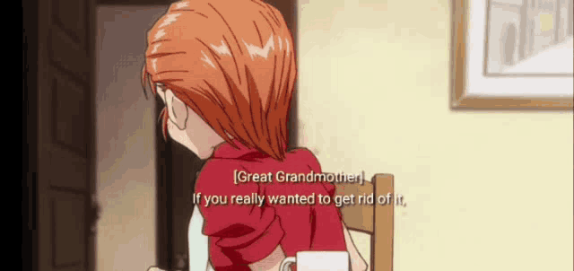 a girl is sitting at a table with a cup of coffee and talking to her grandmother