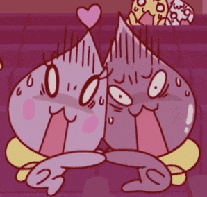 a couple of cartoon characters with hearts on their heads and a hand that says ' o ' on it