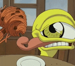 a cartoon character with a long tongue is eating spaghetti
