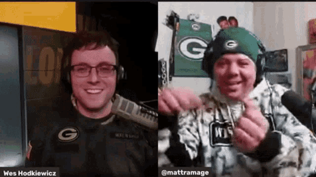 a man wearing a green bay packers hat is smiling