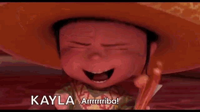a cartoon character is wearing a cowboy hat and smiling with the name kayla written below him .