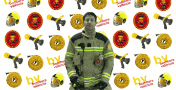 a man in a fire suit is surrounded by bombers valencia items