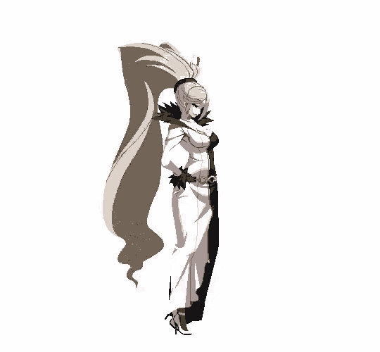 a pixel art of a woman in a white and black dress and heels walking .