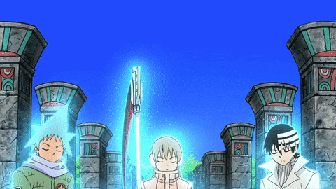 a group of anime characters are standing in front of a stone wall