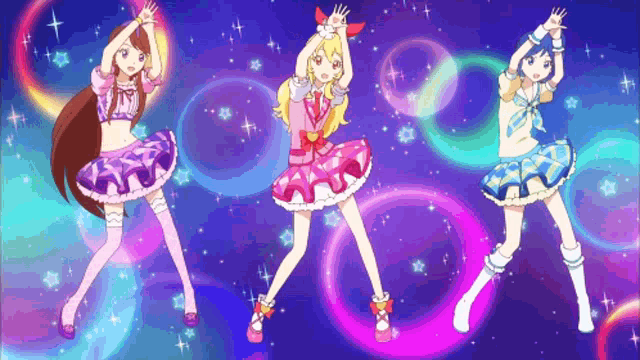 three anime girls are dancing in front of a purple and blue background