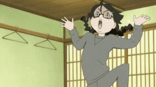 a cartoon girl with glasses is jumping in the air in a room with clothes hanging on the wall .