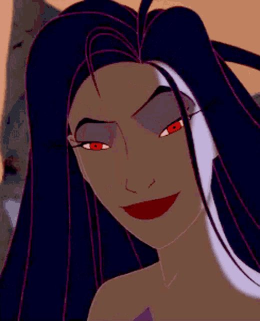 a close up of a cartoon character with long dark hair and red eyes