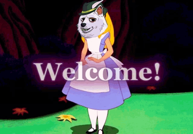 a cartoon of alice from alice in wonderland with the words welcome behind her