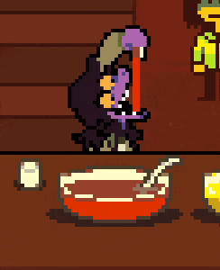 a pixel art drawing of a monster eating soup with a spoon