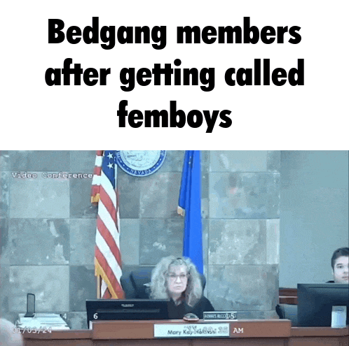 a woman sits at a desk in a courtroom with the words bedgang members after getting called femboys on the top