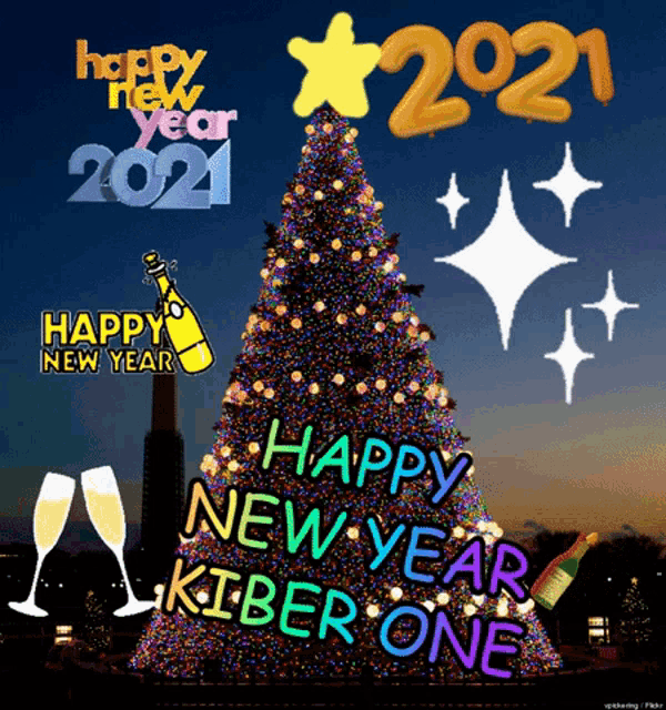 a christmas tree with the words happy new year kiber one