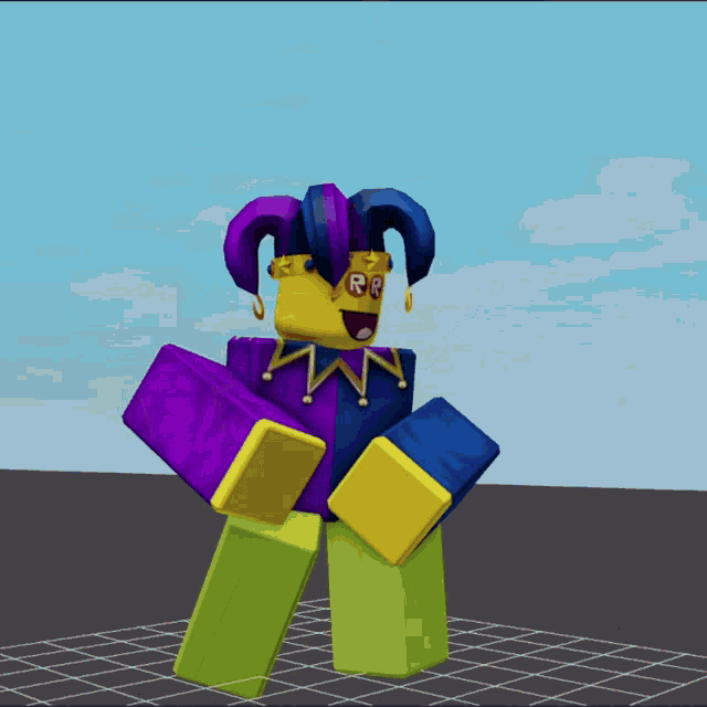 a 3d model of a cartoon character with a purple and yellow outfit and a jester hat