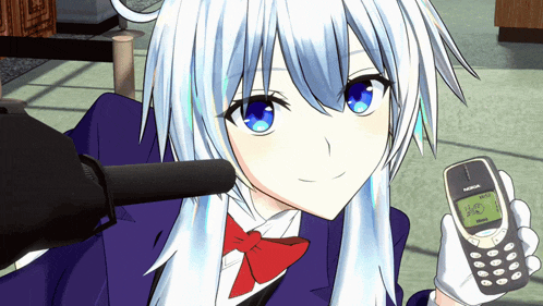 a girl with white hair is holding a nokia cellphone