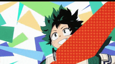 a cartoon character with green hair is holding a red arrow in his hand