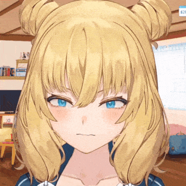 a close up of a blonde anime girl with blue eyes