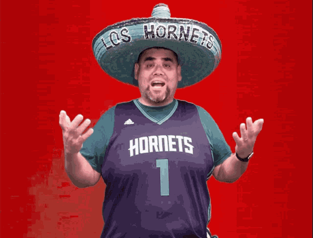 a man wearing a sombrero and a hornets jersey with the number 1 on it