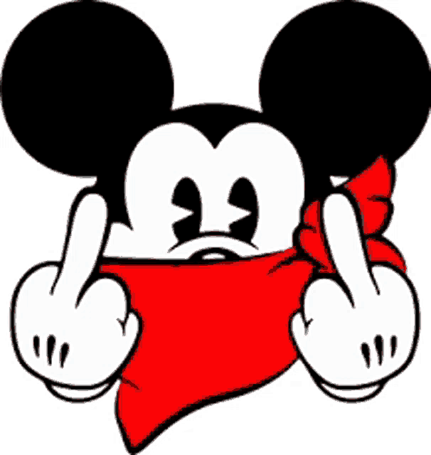 a cartoon mickey mouse wearing a red bandana giving the middle finger