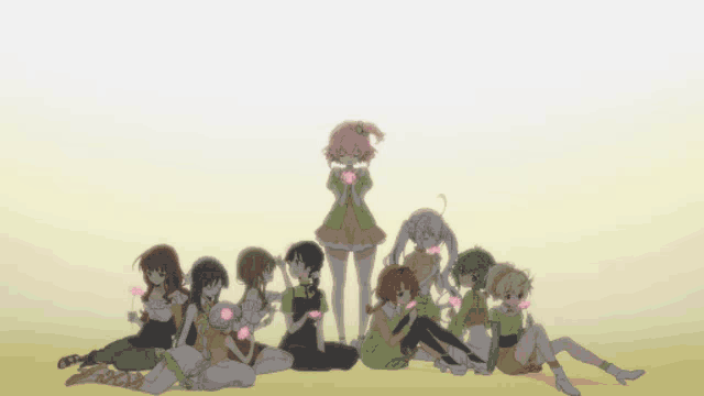 a group of anime girls are sitting and standing in a line