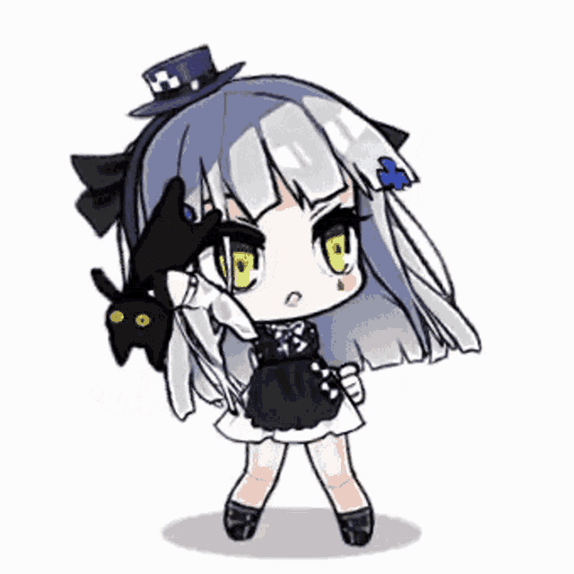 a chibi girl is holding a black cat in her hand and wearing a top hat .