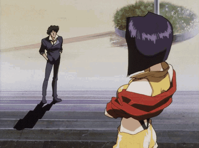 a man and a woman are standing next to each other in a cartoon