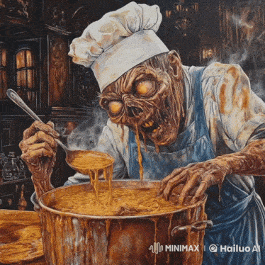 a painting of a zombie chef with a spoon in his mouth
