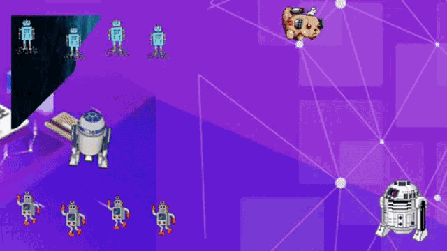 a purple background with a bunch of robots dancing
