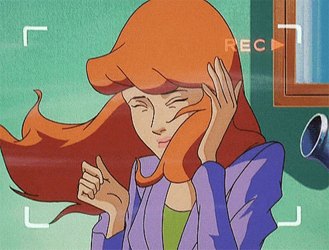 a cartoon of a woman with red hair is being recorded with the word rec on the bottom right