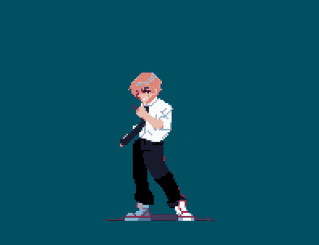 a pixel art illustration of a man holding a chainsaw