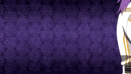 a person with purple hair is standing in front of a purple patterned background