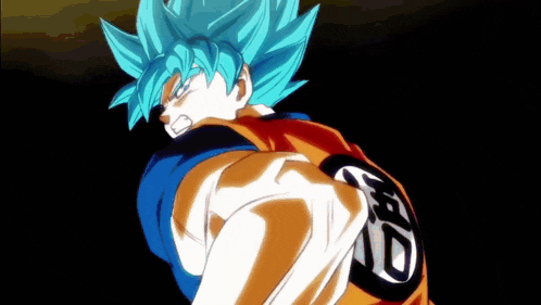a cartoon character with blue hair is wearing a red and orange shirt with the letter g on the back