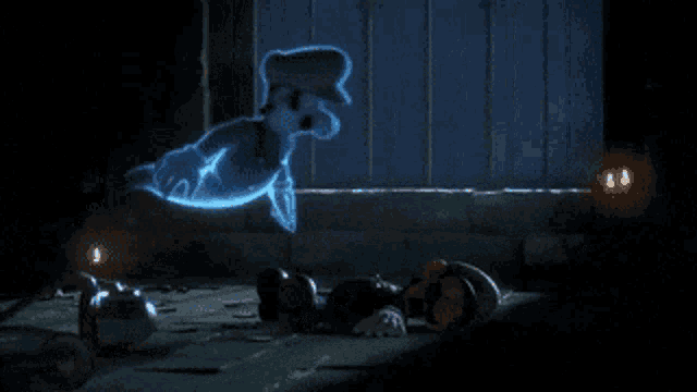 a cartoon character is projected on a wall with a ghost coming out of it