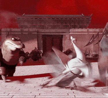 a cartoon scene with a dragon and a bird