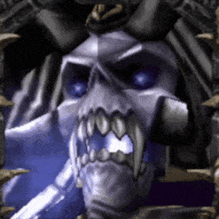 a purple skull with horns and sharp teeth is surrounded by spikes