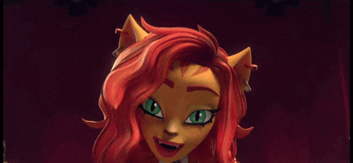 a close up of a monster high character with red hair and green eyes
