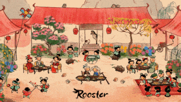 a rooster cartoon shows a group of people having a meal