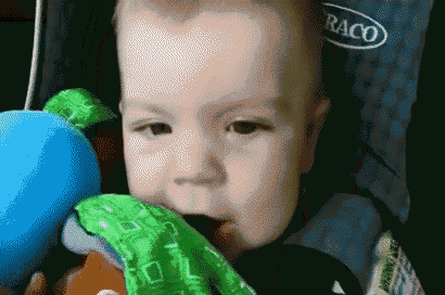 a baby in a graco stroller holds a stuffed animal in his mouth