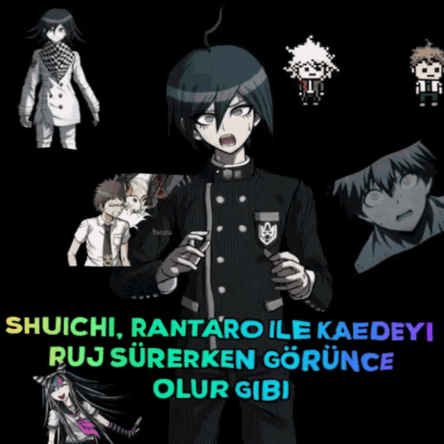 a collage of anime characters with the words shuichi rantaro ile kaedeyi pj surerken gorunca olur gibi
